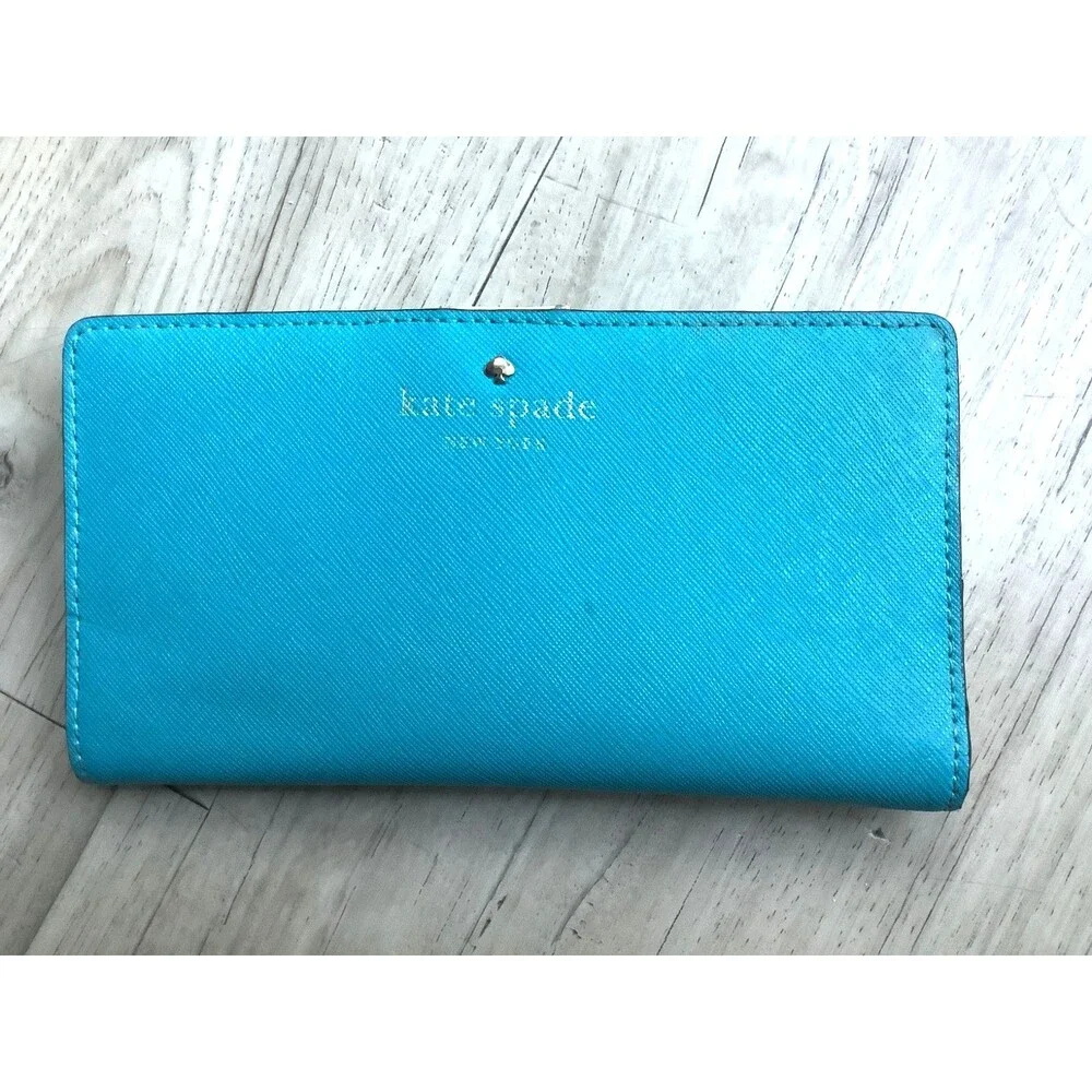 Kate Spade Grand Street Stacy Bifold Leather Slim Wallet Turquoise Blue Money